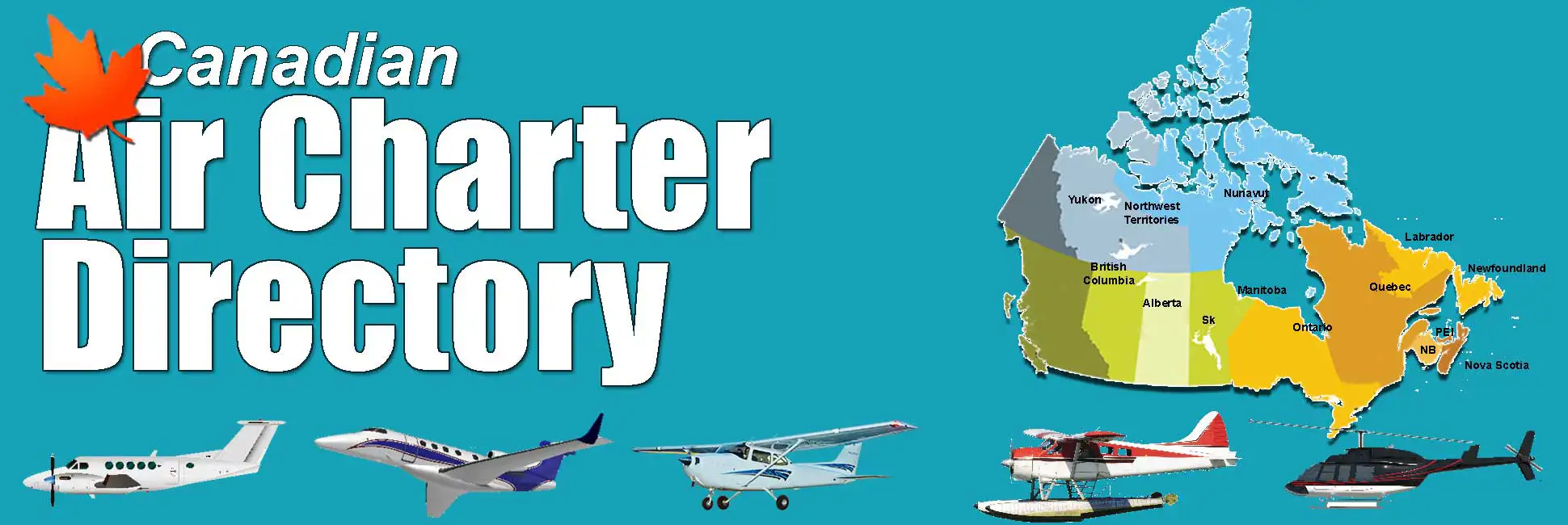 Canadian Air Charter Directory banner featuring wheel plane, float plane, and helicopter charters